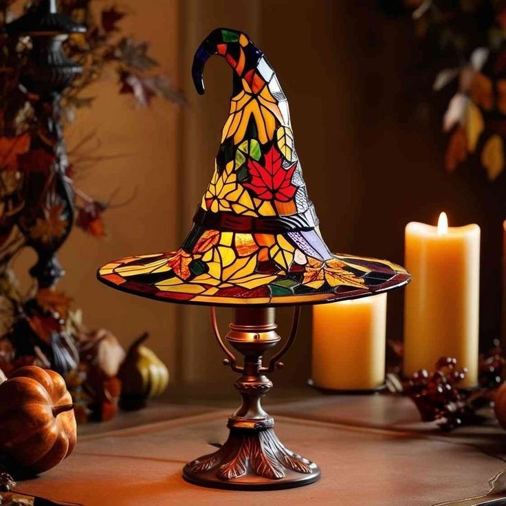 Spring Witch Lamp, Gothic Stained Glass Spring Witch Hat Lamp