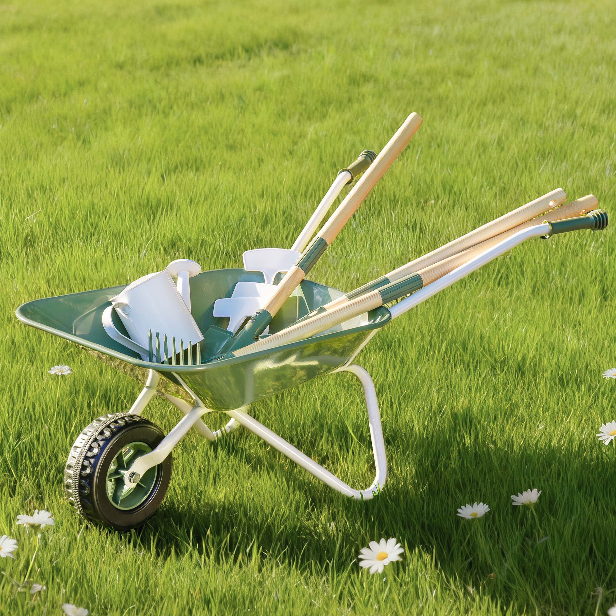 ROBUD Kids Wheelbarrow Set, Green Metal Toddler Wheelbarrow with Shovel, Hoe, Broom & Gloves, Kid Gardening Set for Kid to be Closer to Nature