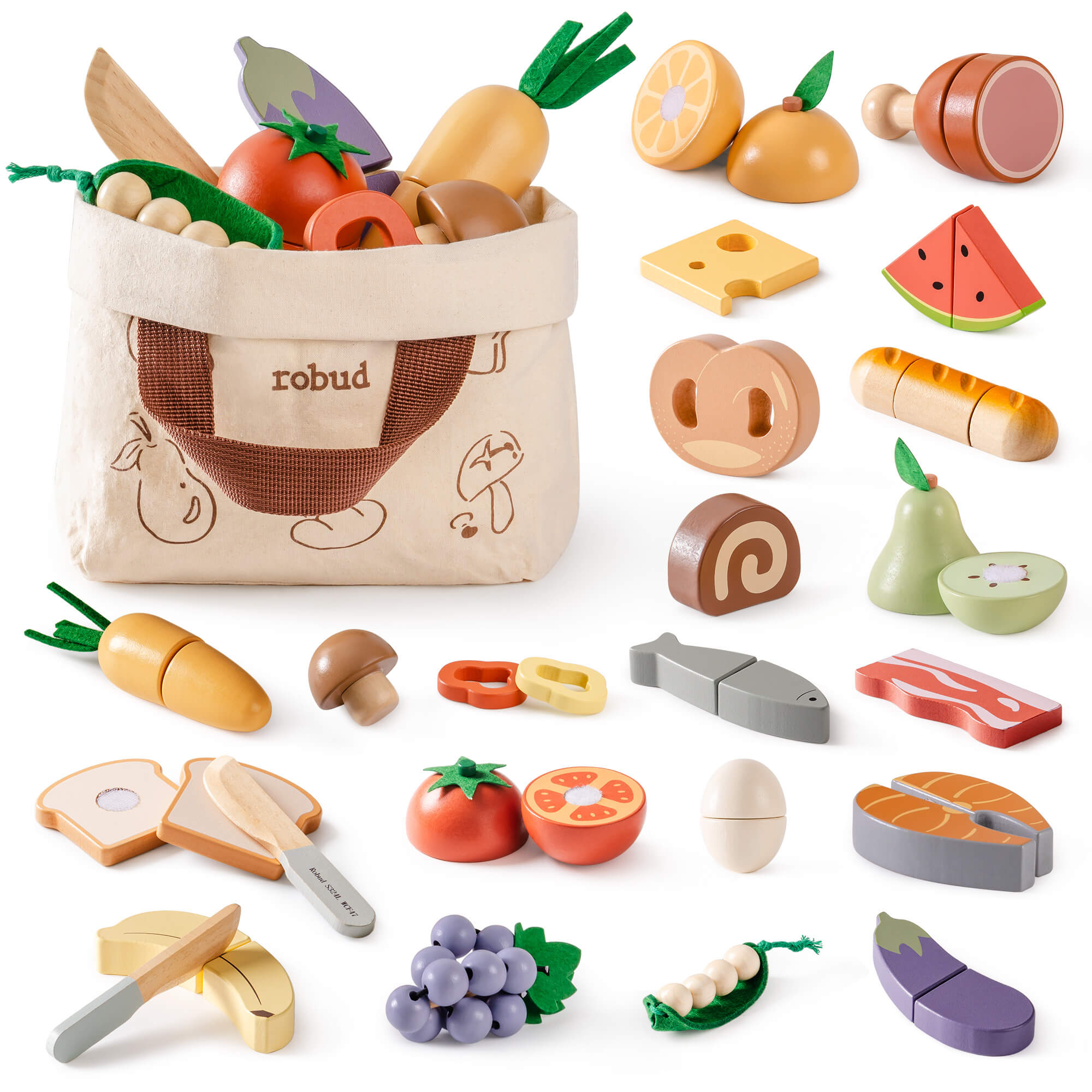 ROBUD Wooden Cutting Food Playset 4-in-1