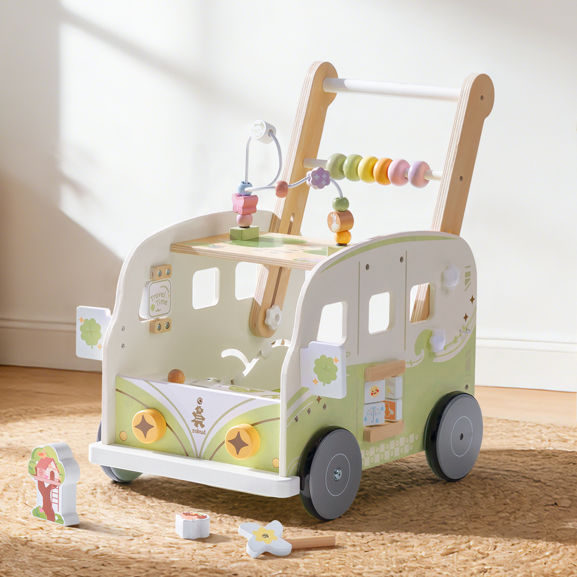 ROBUD Wooden Baby Push Walker - Green Vacation Bus