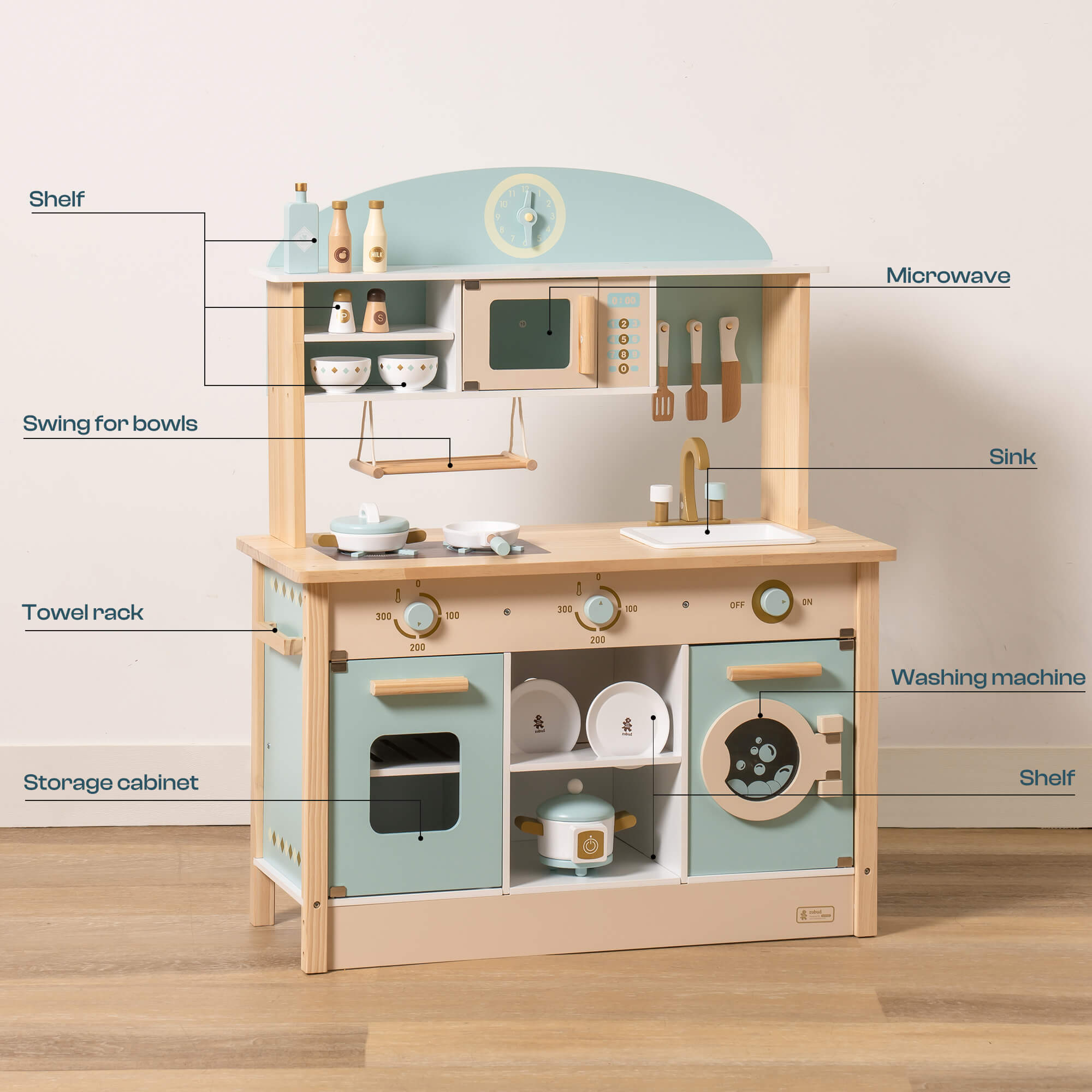 ROBUD Wooden Play Kitchen with Realistic Accessories