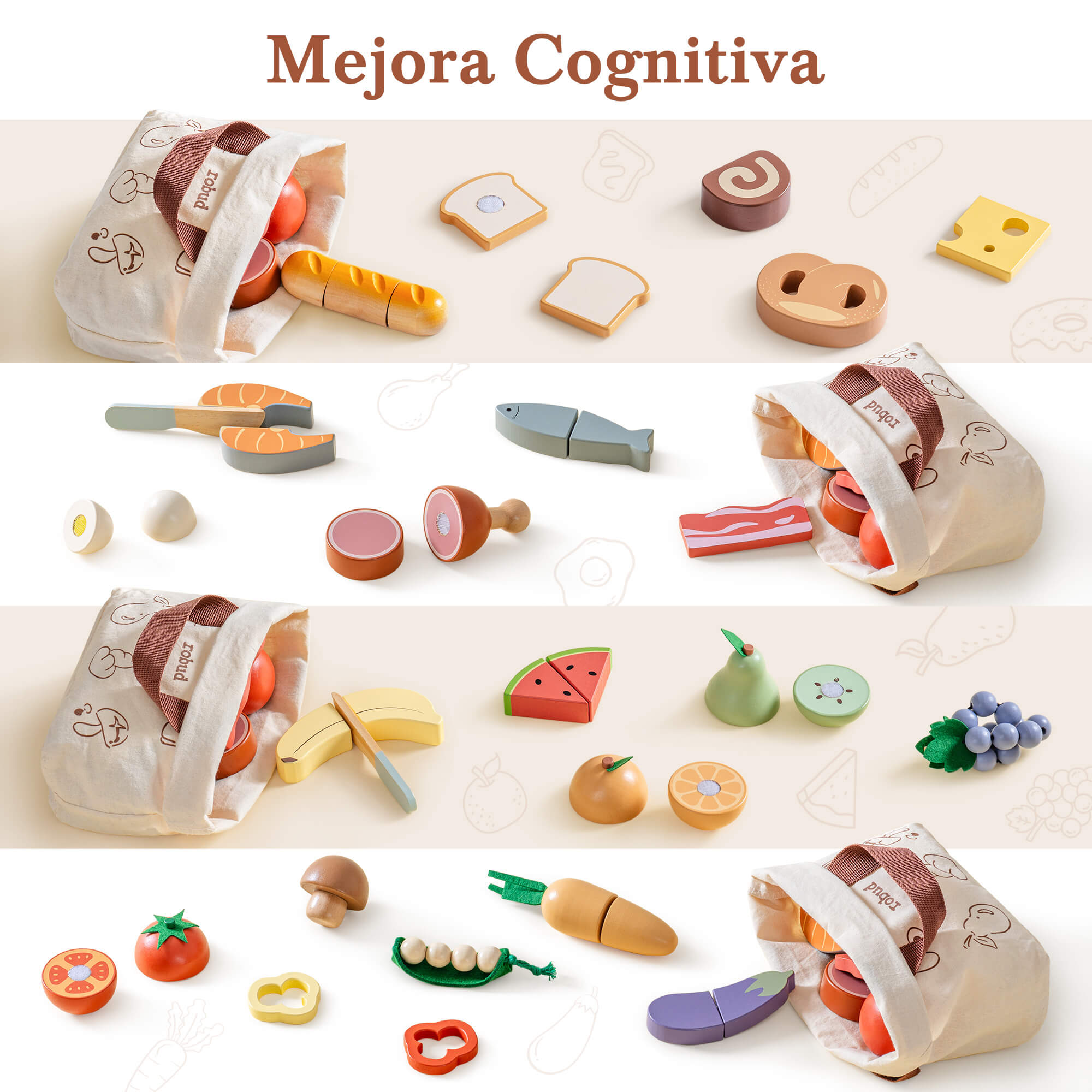 ROBUD Wooden Cutting Food Playset 4-in-1