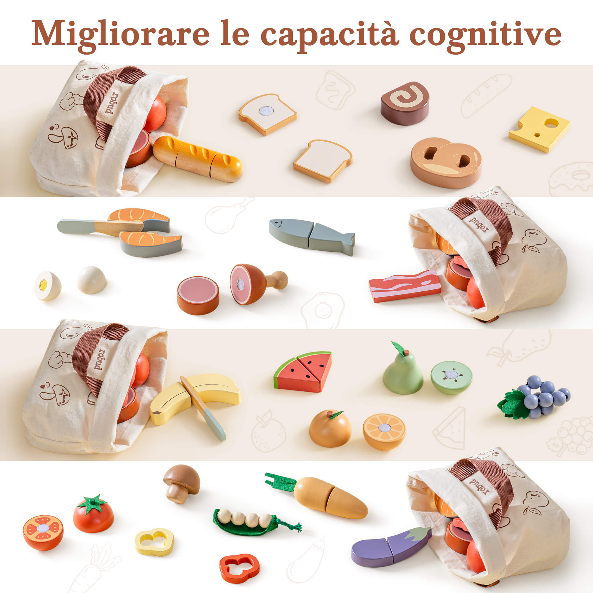 ROBUD Wooden Cutting Food Playset 4-in-1