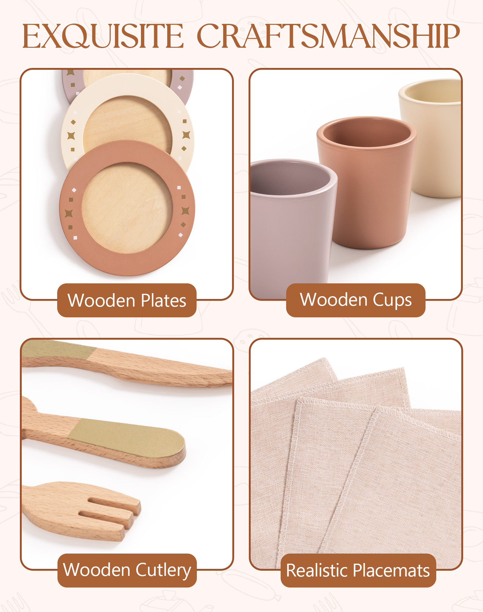 ROBUD 4-Set Wooden Play Dishes Set