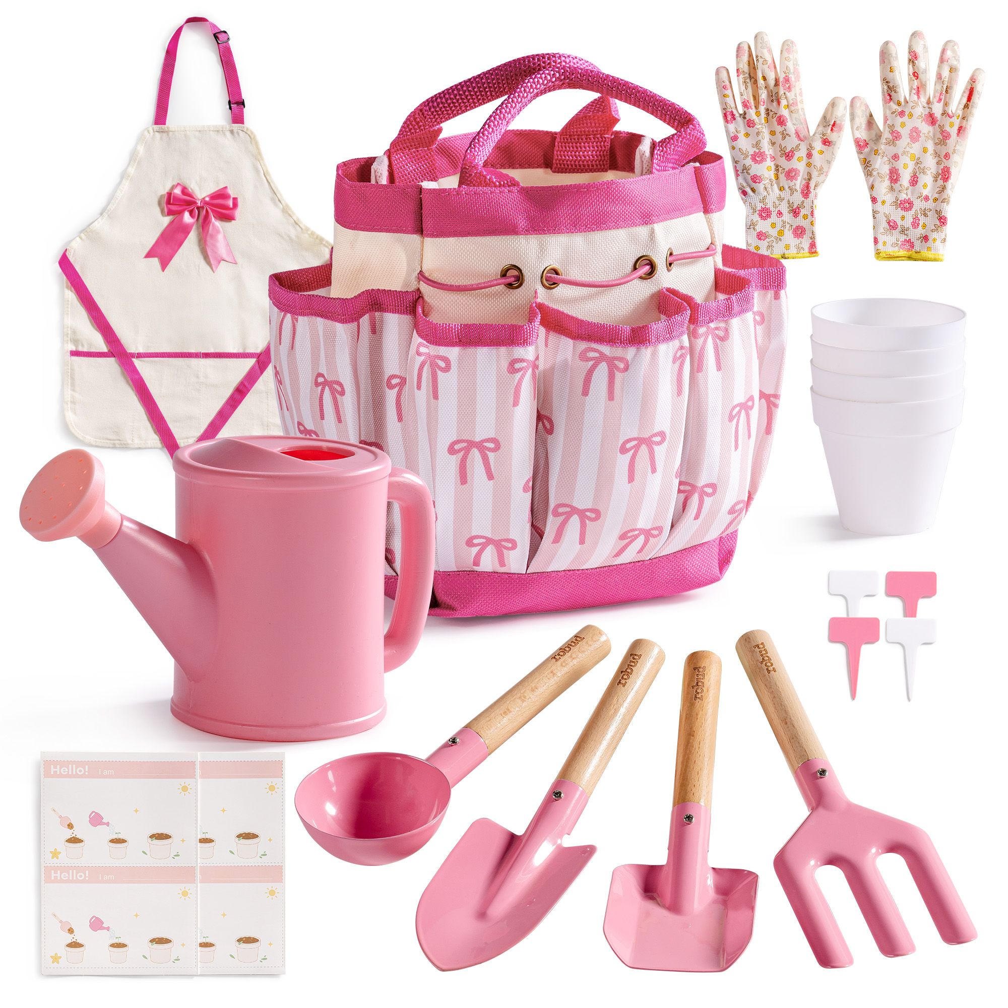 ROBUD Kids Gardening Set, 17PCS Kids Gardening Tools for Girls, Toddler Gardening Set with Hat, Apron, Gloves, Watering Can & Tool Bag