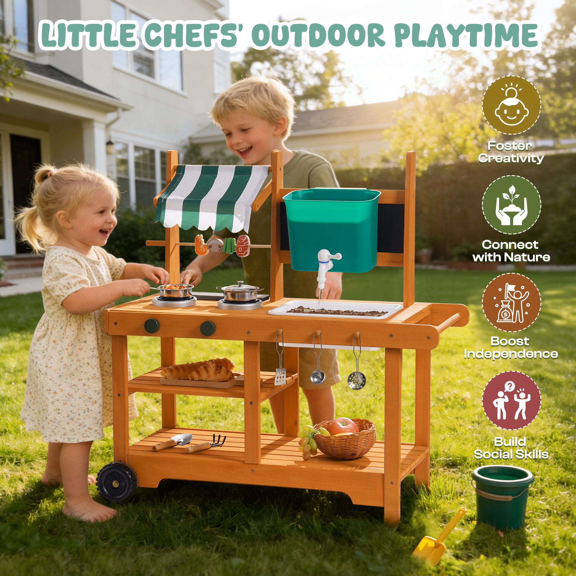 ROBUD Mud Kitchen for Kids Outdoor with Canopy & Wheels