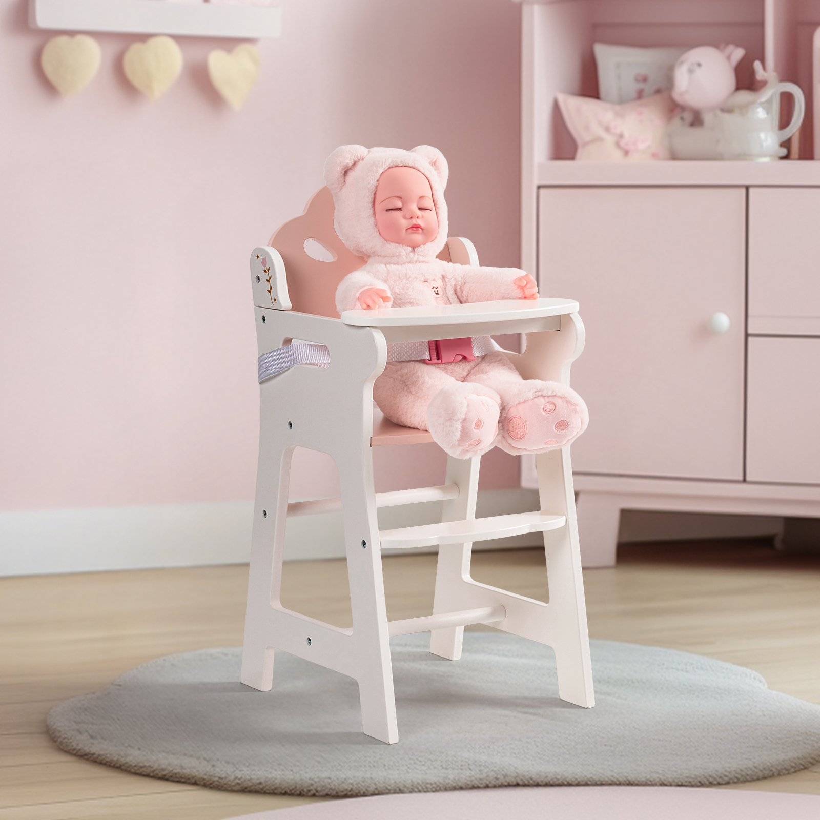 ROBUD Baby Doll High Chair, Pretend Play High Chair with Seat Belt, Wooden Baby Doll Accessories with Movable Tabletop, Fits 18-20 Inch Dolls