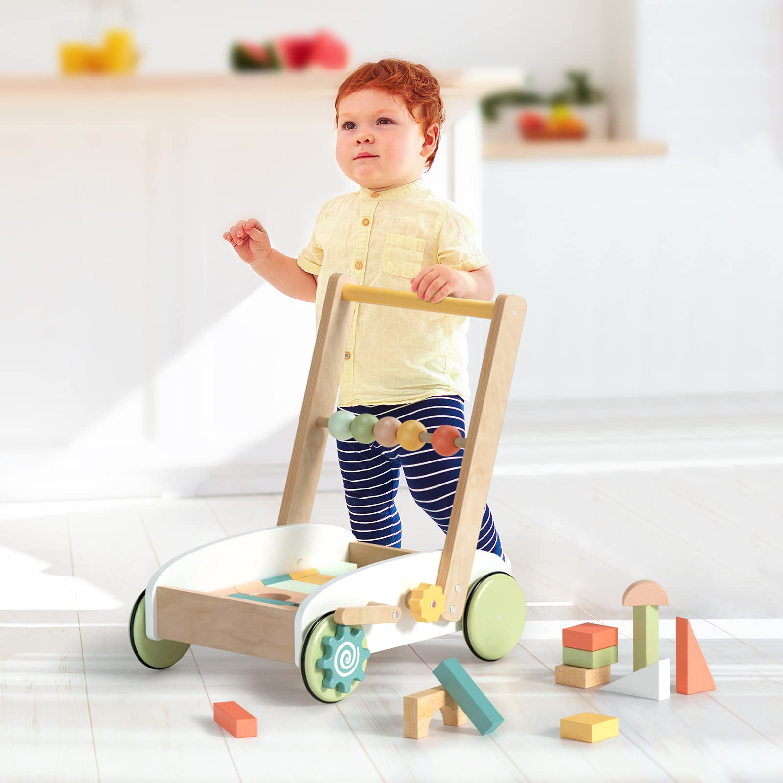 ROBUD Wooden Baby Push Walker Toy with Blocks