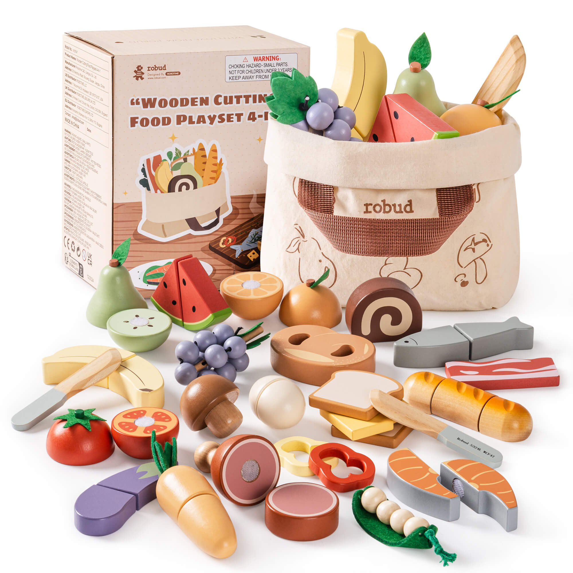 ROBUD Wooden Cutting Food Playset 4-in-1