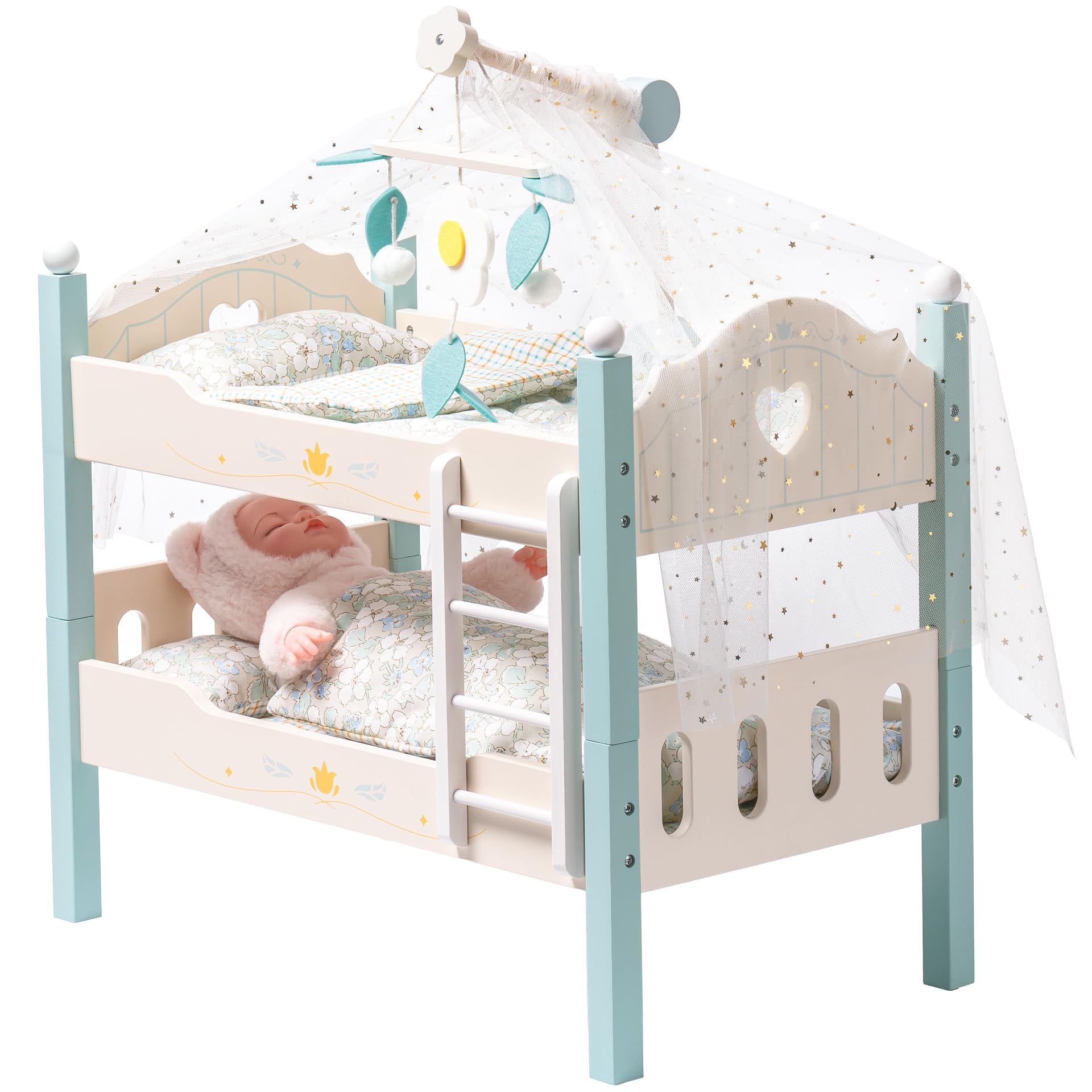 ROBUD Wooden Baby Doll Bed with Ladder and Bedding