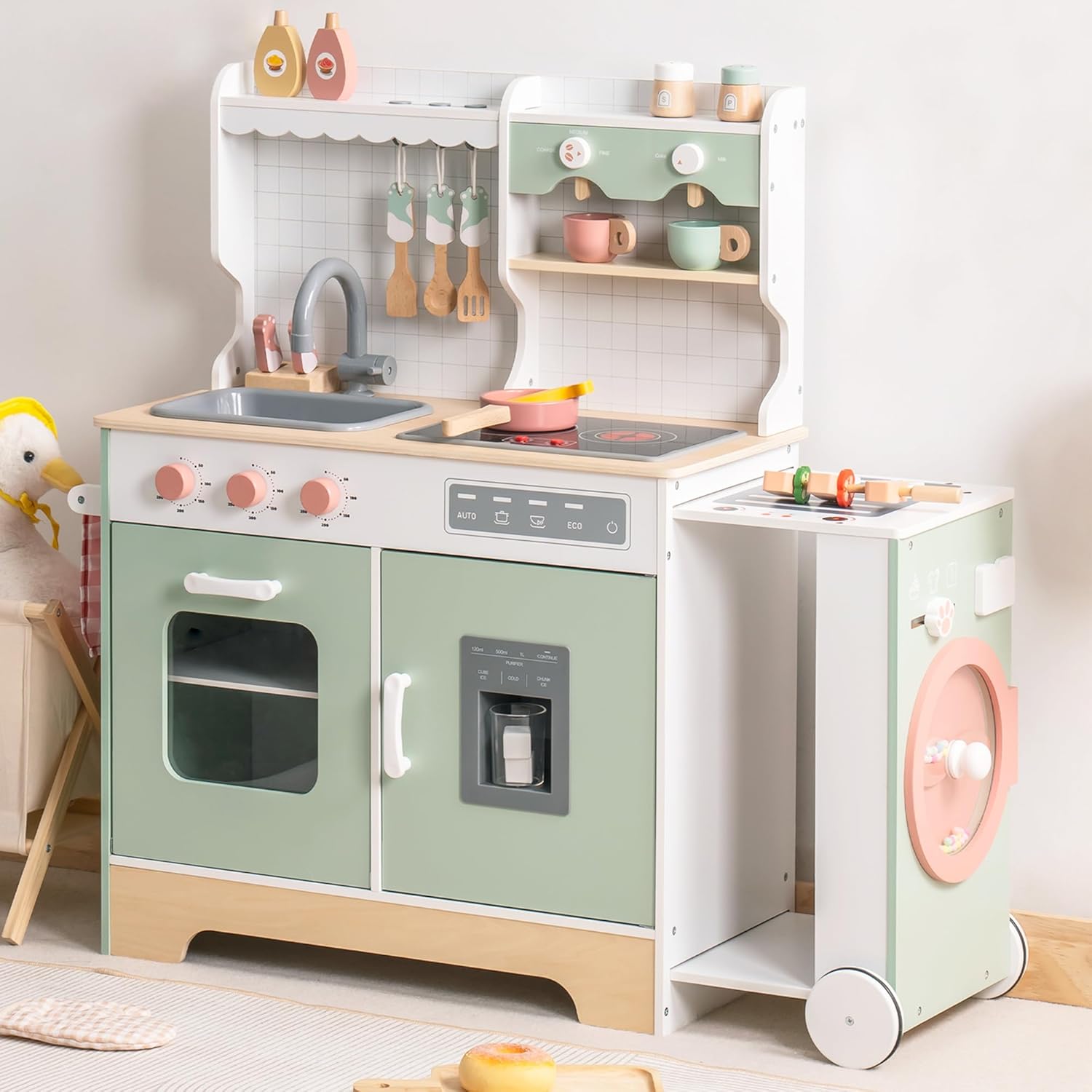 ROBUD Wooden Play Kitchen Set for Kids Toddlers, Pretend Kitchen Playset with BBQ Grill, Ice Maker, Coffee Machine for Girls & Boys, Age 3+