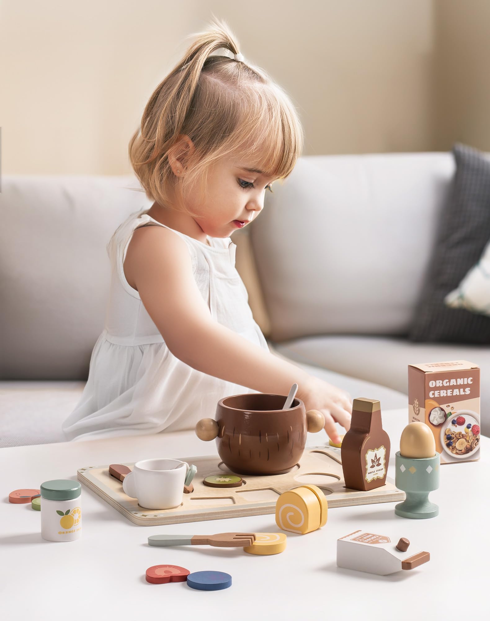 ROBUD Play Food Sets for Kids Kitchen, Wooden Food Toys Play Kitchen Accessories, 30+ Pieces Breakfast Set, Gift for Boys & Girls Ages 3-6