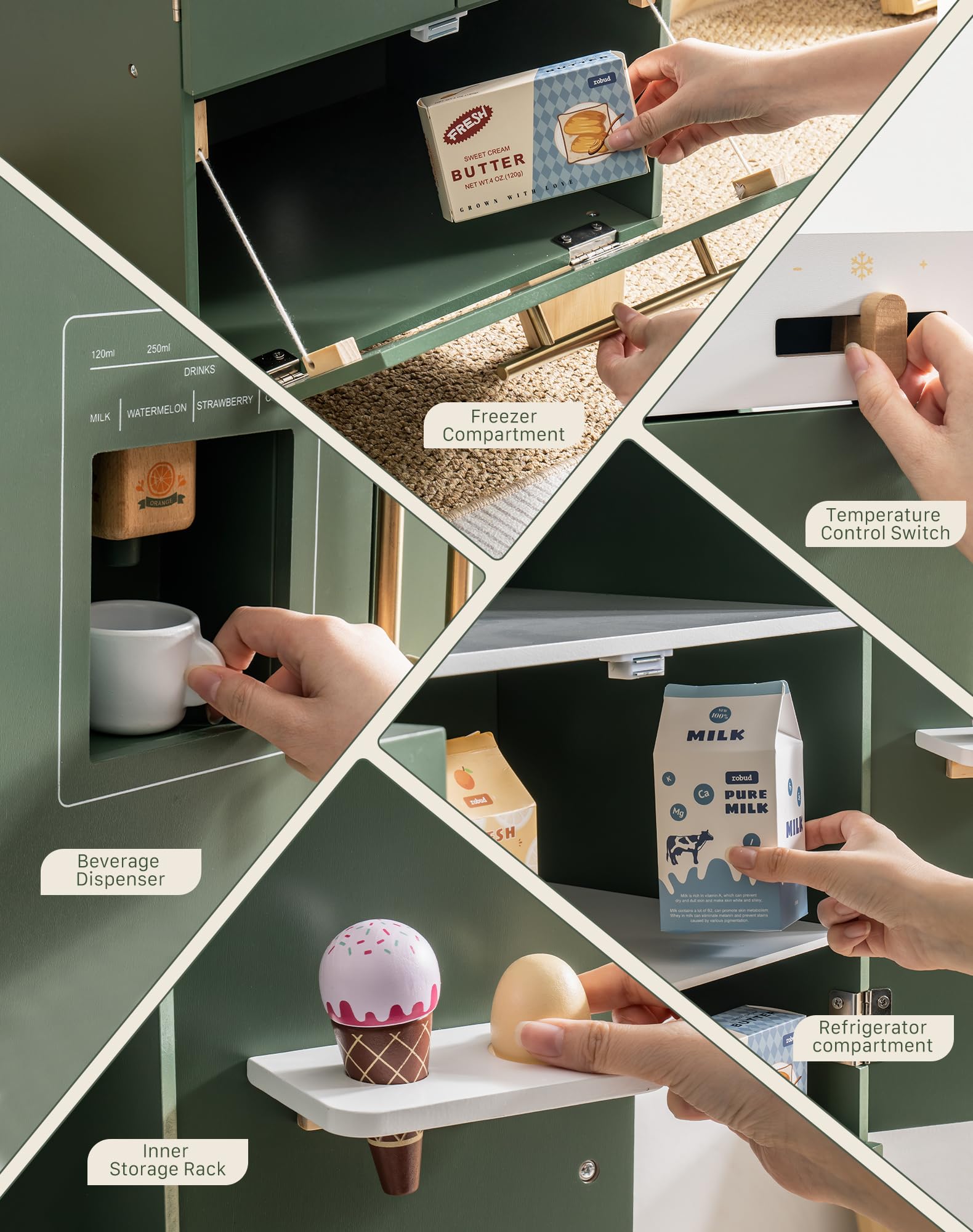 ROBUD Wooden Toy Refrigerator - Vintage Green