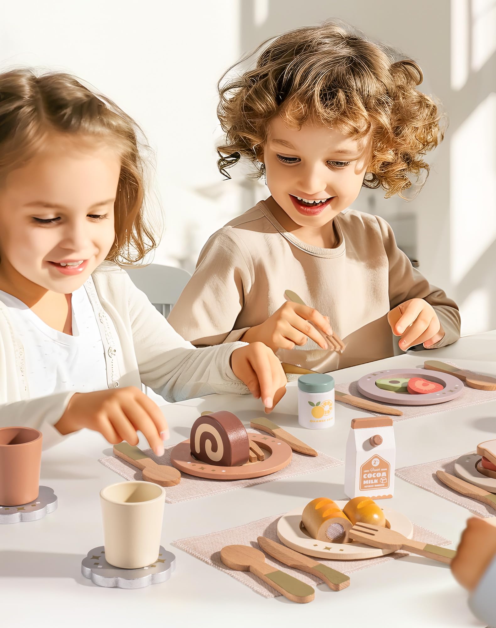 ROBUD 4-Set Wooden Play Dishes Set - Montessori-Inspired Play Food Accessories for Kids, Pretend Play Kitchen Set for Toddlers