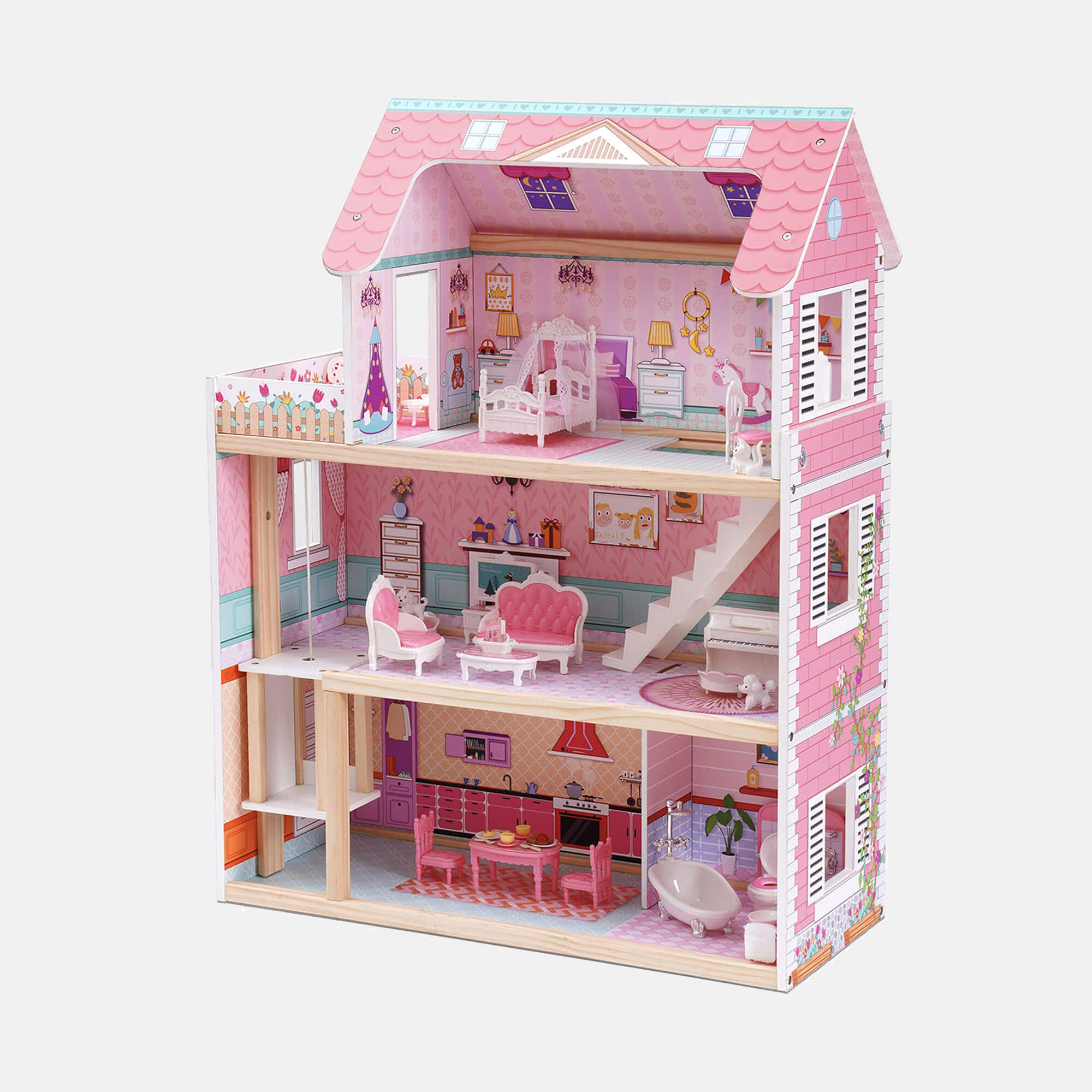 ROBUD Wooden Dollhouse with Elevator 20pcs Furniture 3-Storey Preschool WDH04