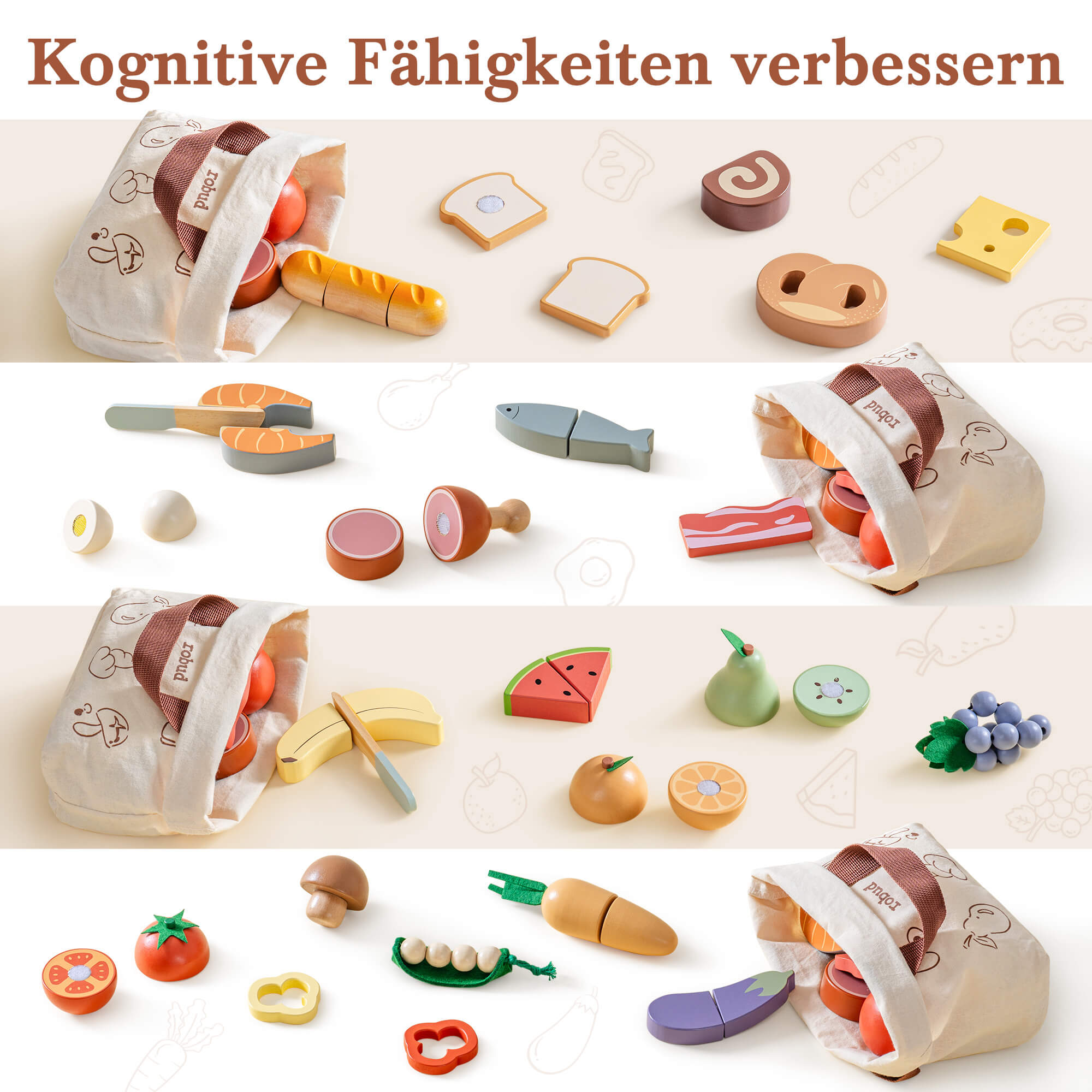 ROBUD Wooden Cutting Food Playset 4-in-1