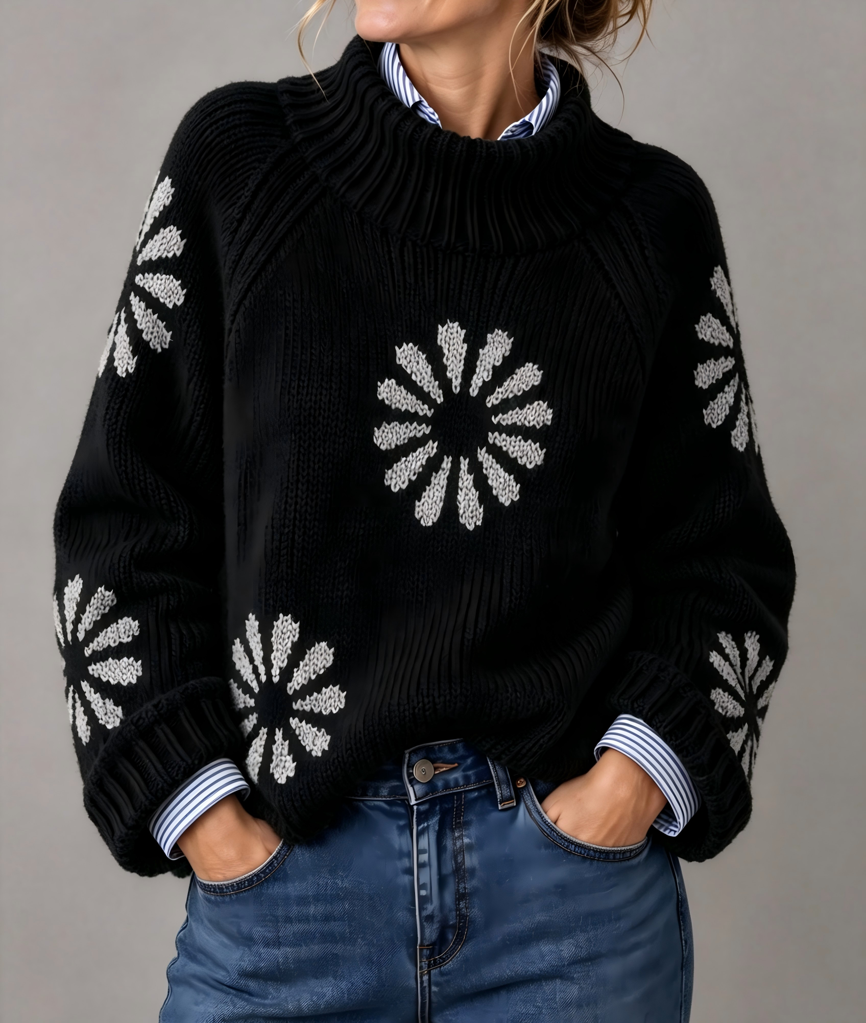 Women's Lovely Floral Art Print Knit Turtleneck Pullover Sweater