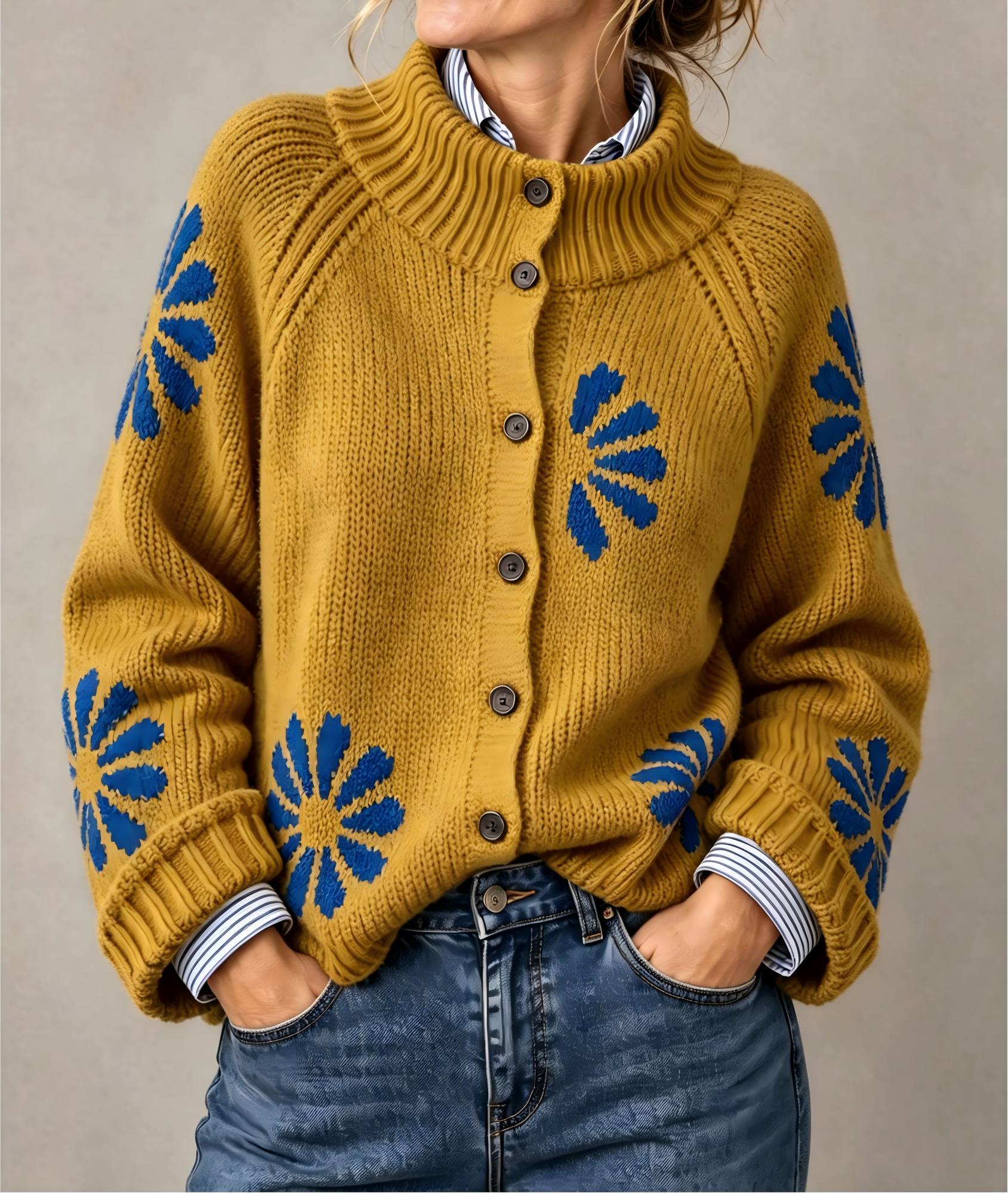 Women's Lovely Floral Art Print Knit Turtleneck Pullover Sweater