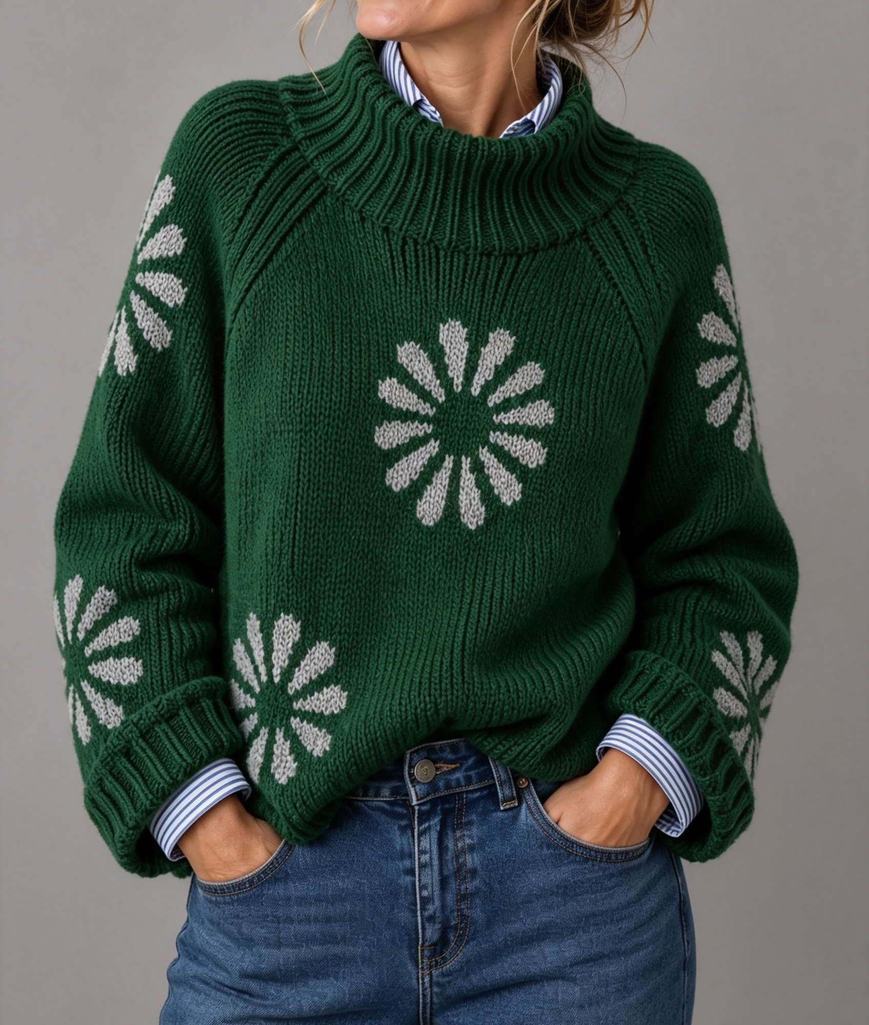 Women's Lovely Floral Art Print Knit Turtleneck Pullover Sweater