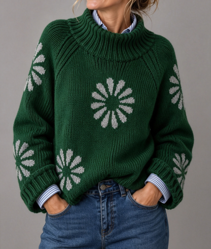 Women's Lovely Floral Art Print Knit Turtleneck Pullover Sweater