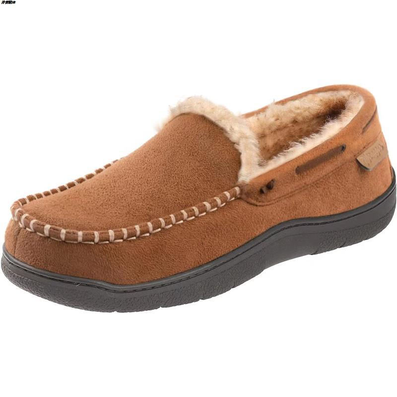 Men's Daily Non-Slip Warm Plush Wide Toe Slip-On Loafers Slippers