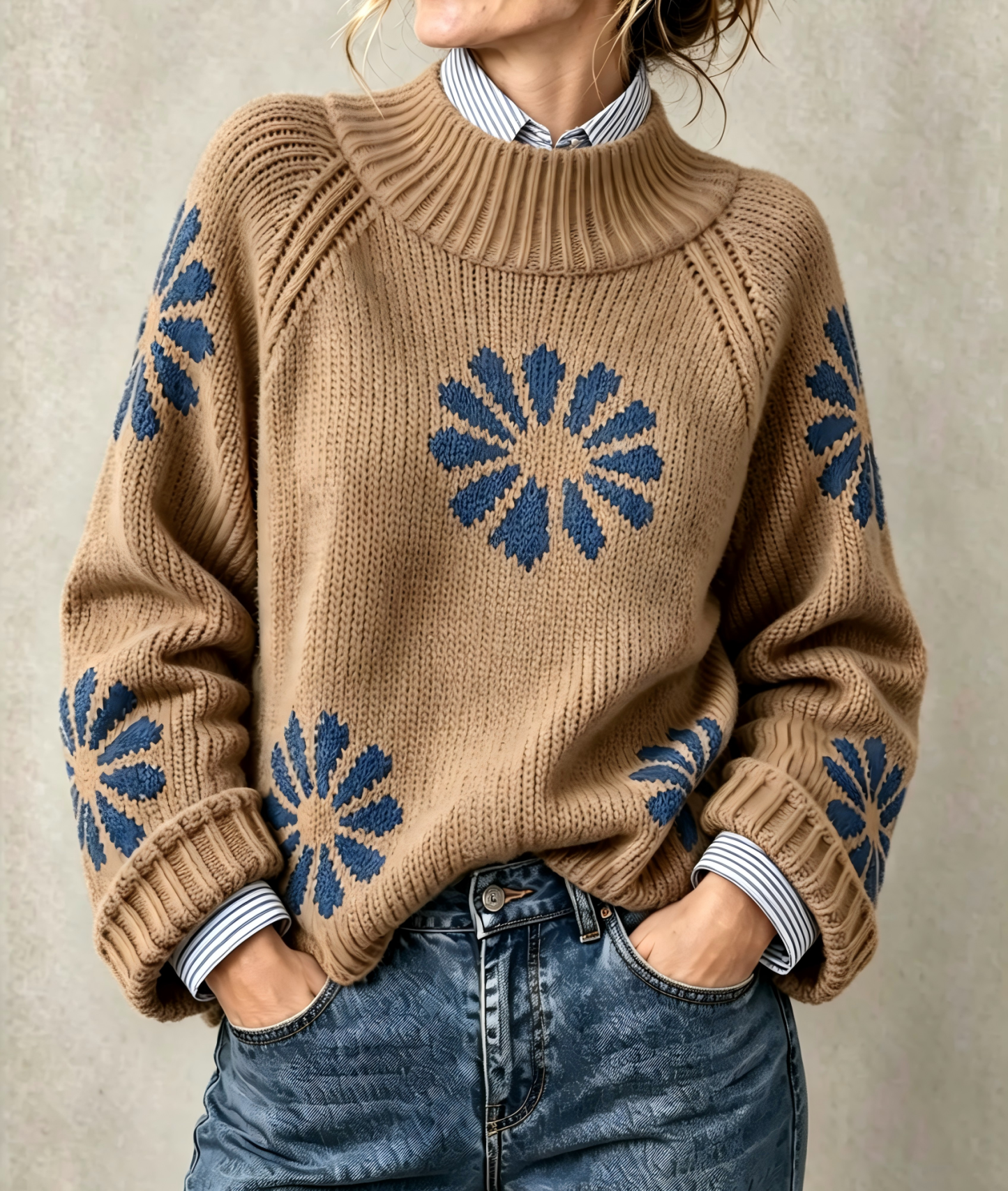 Women's Lovely Floral Art Print Knit Turtleneck Pullover Sweater