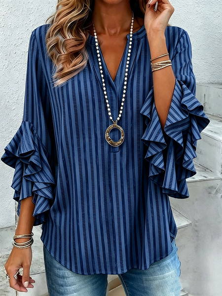 Striped V Neck Casual Loose Shirt