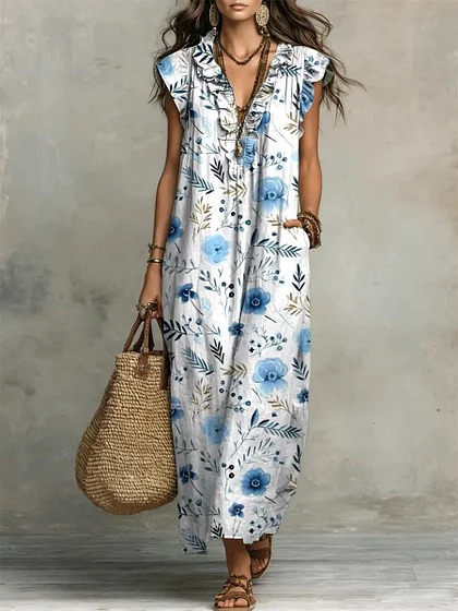 Y2 Retro Distressed Large Floral Dress V-Neck Ruffle Sleeveless Pocket Loose Holiday Long Dress - Bamboo Linen