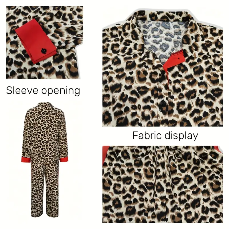 and summer ladies leopard print contrast long sleeved shirt and trousers two piece suit red contrast   lapel single breasted front casual and versatile suitable for going out details 1