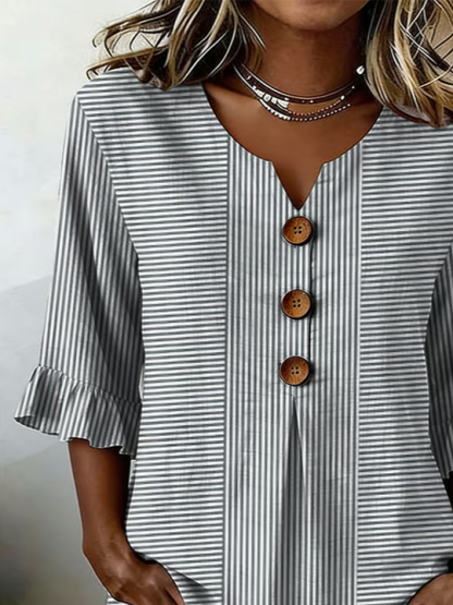 Women's Half Sleeve Blouse Summer Gray Striped Printing V Neck Daily Going Out Vintage Top