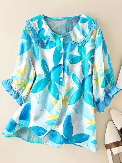 Women's Casual Peter Pan Collar Printed Cotton Linen Shirt