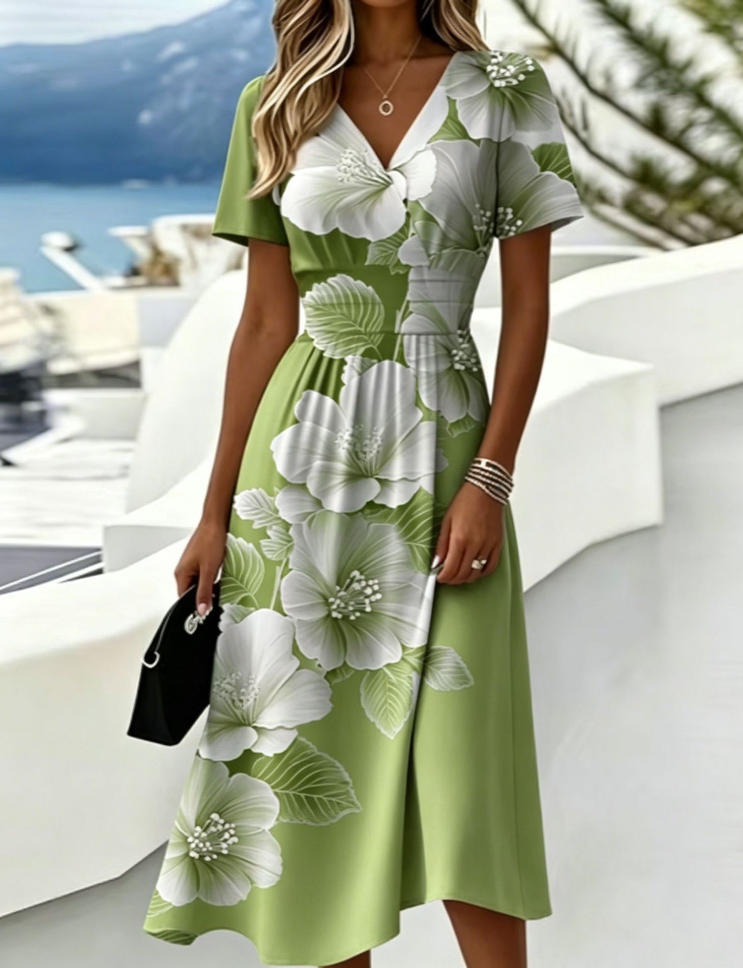 Casual V-Neck Midi Dress, Short Sleeve, Waist-Cinching Design, Flowy Summer Dress