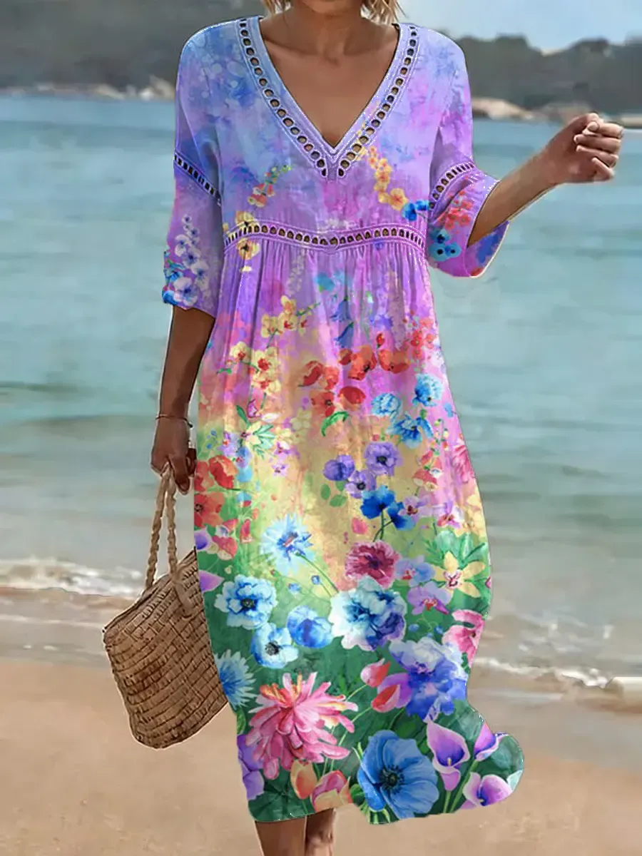 Women's Retro Floral Pattern Art Print Casual Stylish Cotton Linen Dress