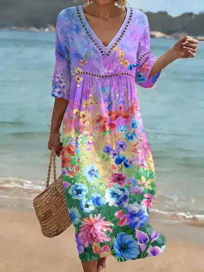 Women's Retro Floral Pattern Art Print Casual Stylish Cotton Linen Dress