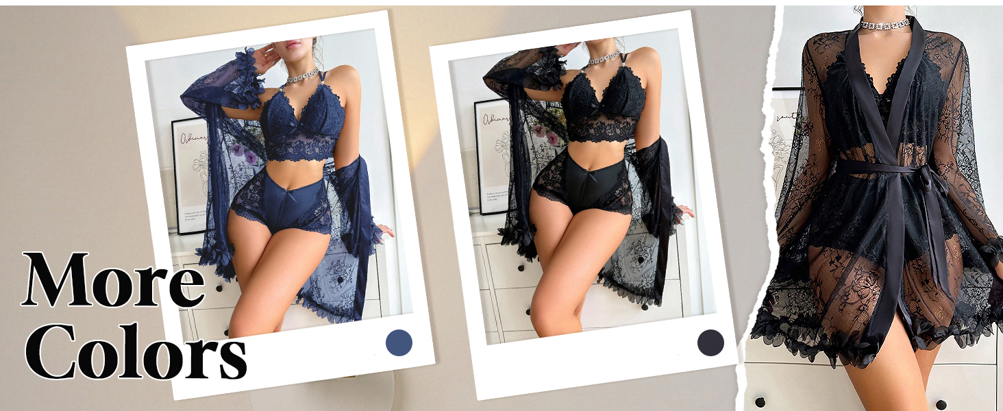 Women's 3 Piece Pajama Set Contrast Lace Bow Knot V Neck Cami Sleepwear with Sheer Robes