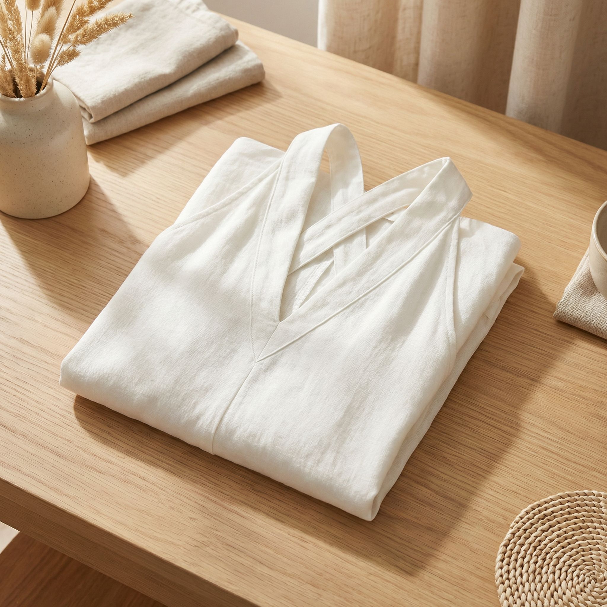 Detail shot of jumpsuit's cut and fit