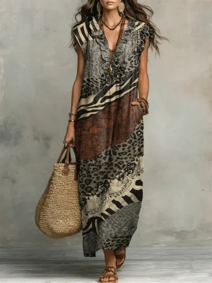Y2 Retro Distressed Large Floral Dress V-Neck Ruffle Sleeveless Pocket Loose Holiday Long Dress - Bamboo Linen