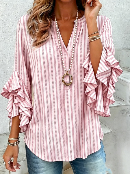 Striped V Neck Casual Loose Shirt