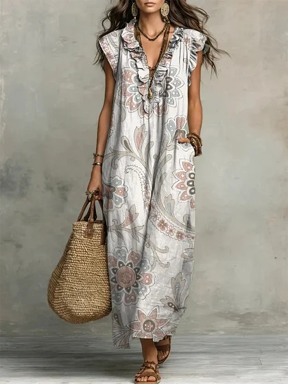 Y2 Retro Distressed Large Floral Dress V-Neck Ruffle Sleeveless Pocket Loose Holiday Long Dress - Bamboo Linen