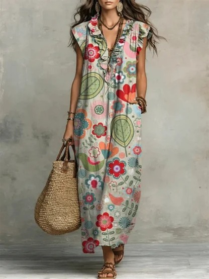 Y2 Retro Distressed Large Floral Dress V-Neck Ruffle Sleeveless Pocket Loose Holiday Long Dress - Bamboo Linen