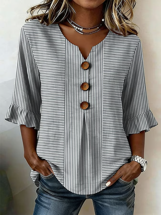 Women's Half Sleeve Blouse Summer Gray Striped Printing V Neck Daily Going Out Vintage Top