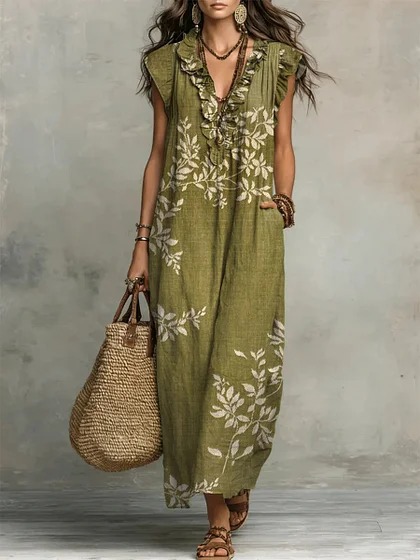 Y2 Retro Distressed Large Floral Dress V-Neck Ruffle Sleeveless Pocket Loose Holiday Long Dress - Bamboo Linen