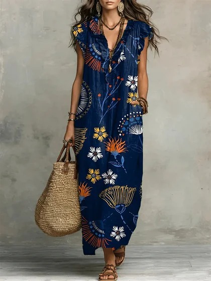 Y2 Retro Distressed Large Floral Dress V-Neck Ruffle Sleeveless Pocket Loose Holiday Long Dress - Bamboo Linen