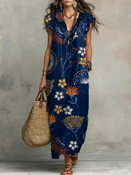 Y2 Retro Distressed Large Floral Dress V-Neck Ruffle Sleeveless Pocket Loose Holiday Long Dress - Bamboo Linen