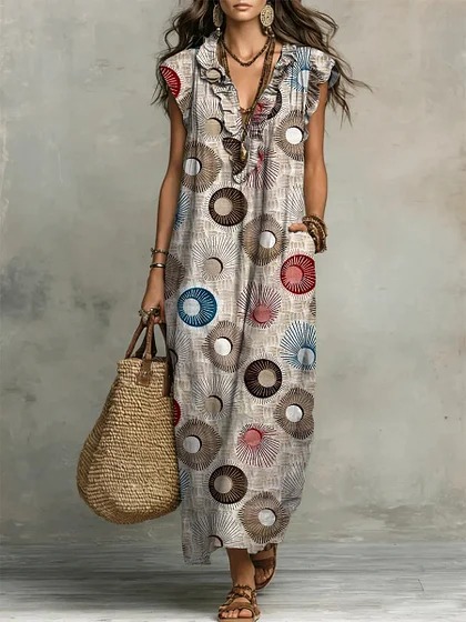 Y2 Retro Distressed Large Floral Dress V-Neck Ruffle Sleeveless Pocket Loose Holiday Long Dress - Bamboo Linen