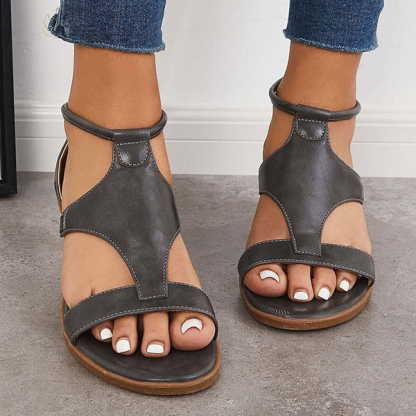 Womens Casual T-Strap Low Wedge Sandals Back Zipper Ankle Strap Shoes