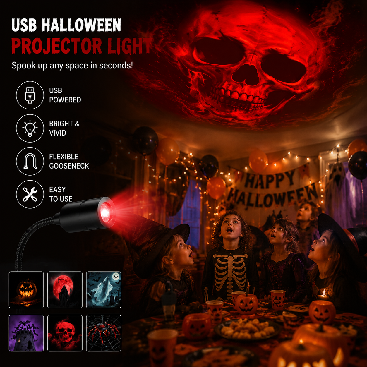 Halloween USB projector casting a red skull scene over a party room