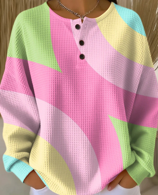 Women's Geometric Print Button-Up Casual Waffle Knit Sweatshirt