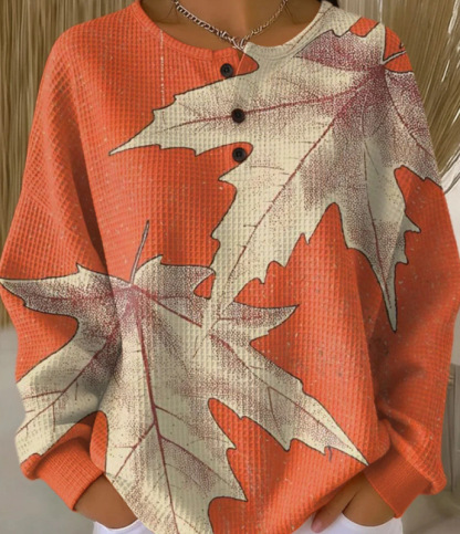 Women's Geometric Print Button-Up Casual Waffle Knit Sweatshirt