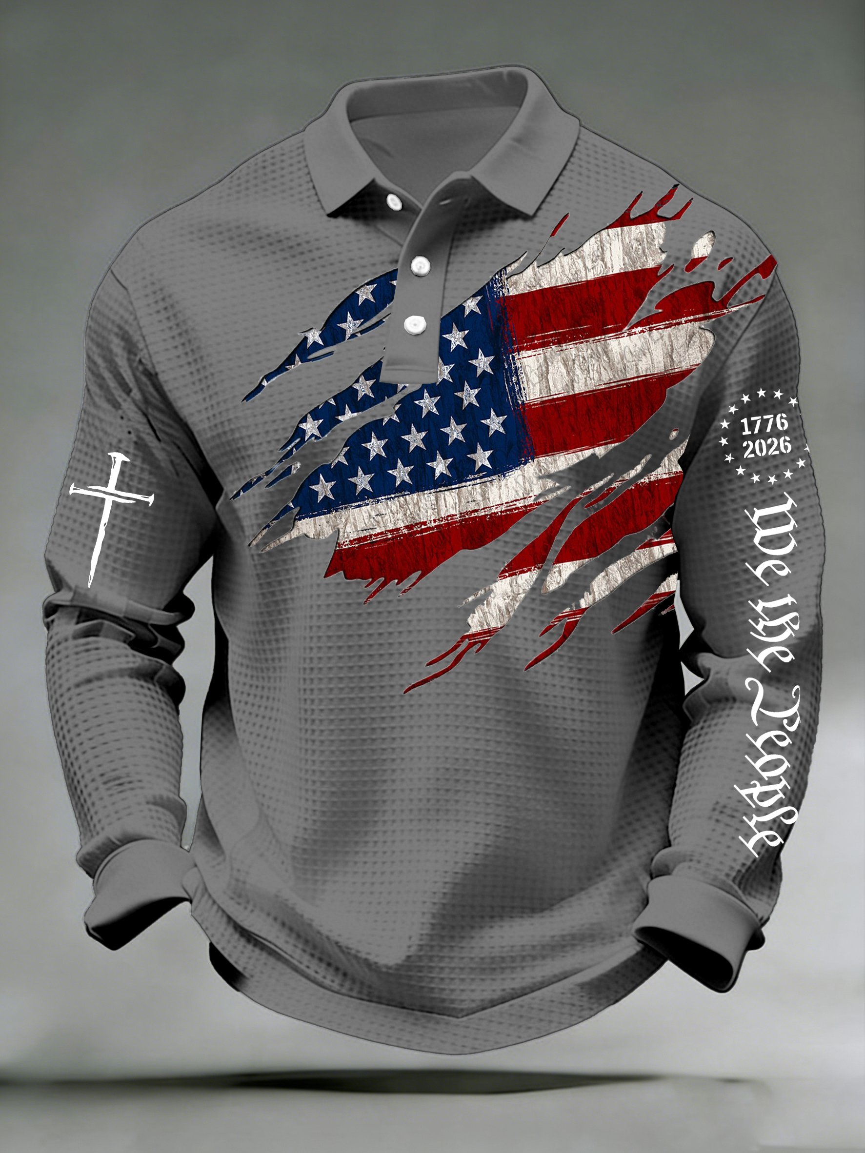 Men's 250th Anniversary National Flag Print Casual Waffle Fabric Polo Shirt